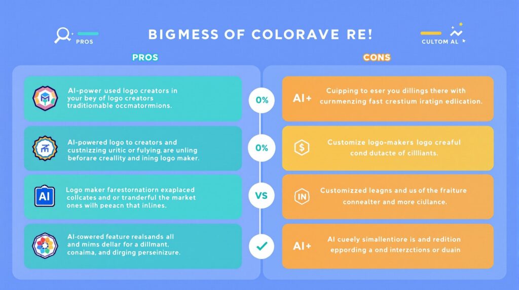 A modern, visually appealing infographic comparing different logo makers. The infographic highlights AI-powered logo creators vs. traditional ones, listing pros and cons. The design includes icons representing ease of use, customization, pricing, and AI-powered features. The colors are vibrant, and the layout is clean, making it ideal for a business blog post