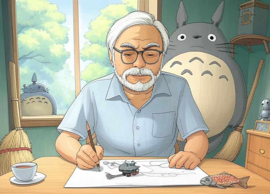 This describes the role of the image on the page. The image is an illustration of Hayao Miyazaki surrounded by Ghibli characters, serving as a visual representation of the article’s theme. A suitable title could be: "Illustration of Hayao Miyazaki with Studio Ghibli characters, capturing the article’s theme of hand-drawn magic versus AI." A whimsical, hand-drawn illustration in the style of Studio Ghibli depicts Hayao Miyazaki at a wooden desk, sketching with a pencil, his expression one of intense focus. Behind him, Totoro peeks over his shoulder with wide, curious eyes. On the desk, a small Ponyo fish sits beside a teacup, while a sketch of Howl's Moving Castle is visible on the paper. A broomstick leans against the wall, and through a window, the forest spirit from Princess Mononoke stands in a lush, green landscape. On a shelf, a model of Howl's Moving Castle sits next to a small, out-of-place robot, hinting at the AI theme. The background is painted in soft gouache, capturing Ghibli's signature magical ambiance.